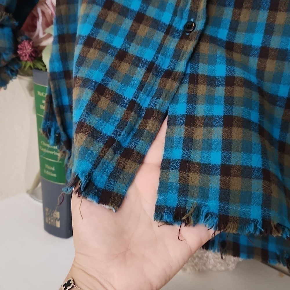 One 24 Rags Flannel Button Down Plaid Shirt Small Raw Hem Oversized Fall - Picture 5 of 12